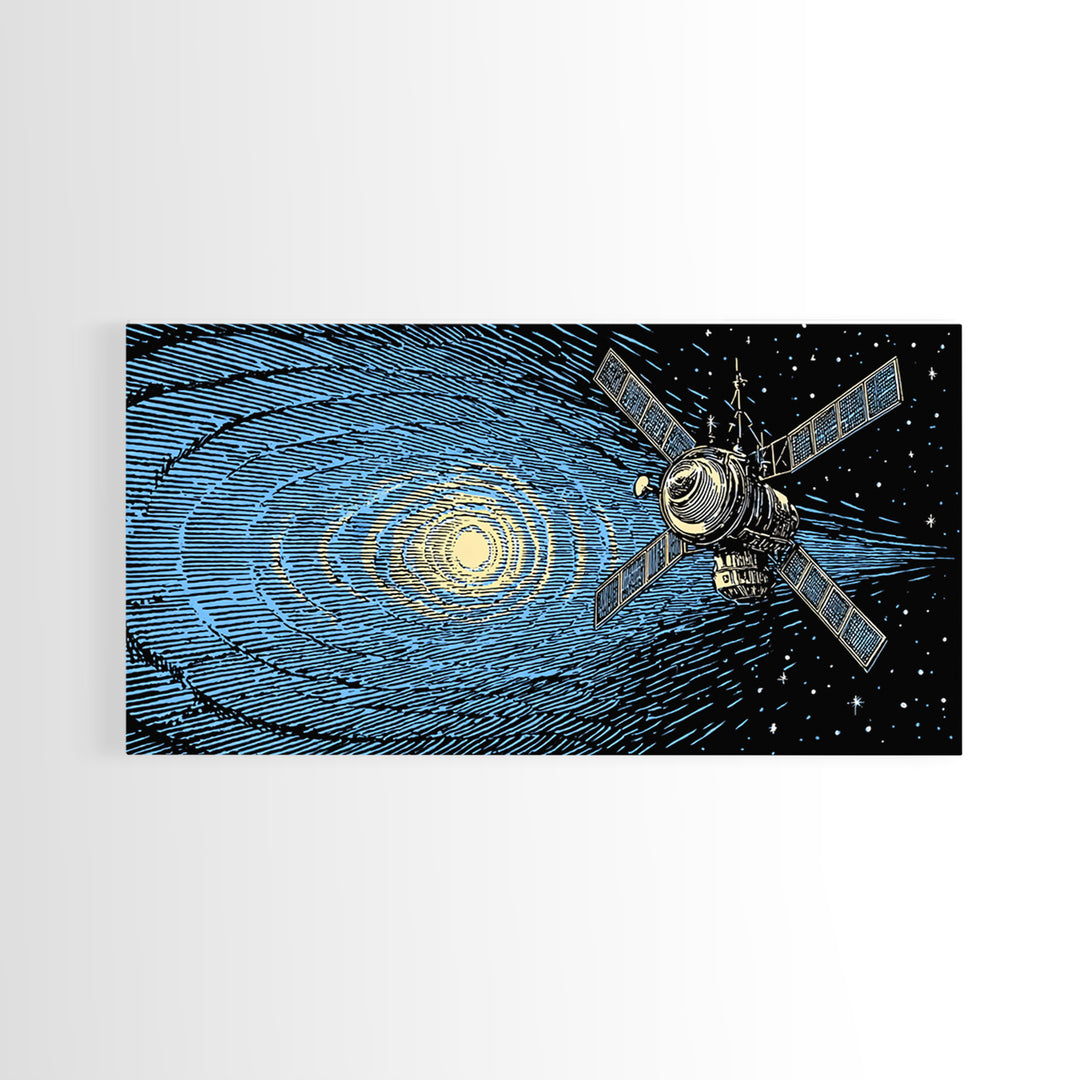 Blue Starfield Satellite With Solar Waves, Mid Century Modern Wall Art, Retro Sci Fi Space Poster, Cosmic Abstract Decor