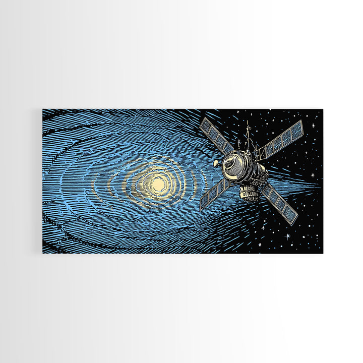 Blue Starfield Satellite With Solar Waves, Mid Century Modern Wall Art, Retro Sci Fi Space Poster, Cosmic Abstract Decor