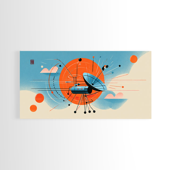Retro Satellite Dish With Orange Sun Canvas Print, Midcentury Modern Wall Art, Atomic Space Poster, MCM Office Decor Gift