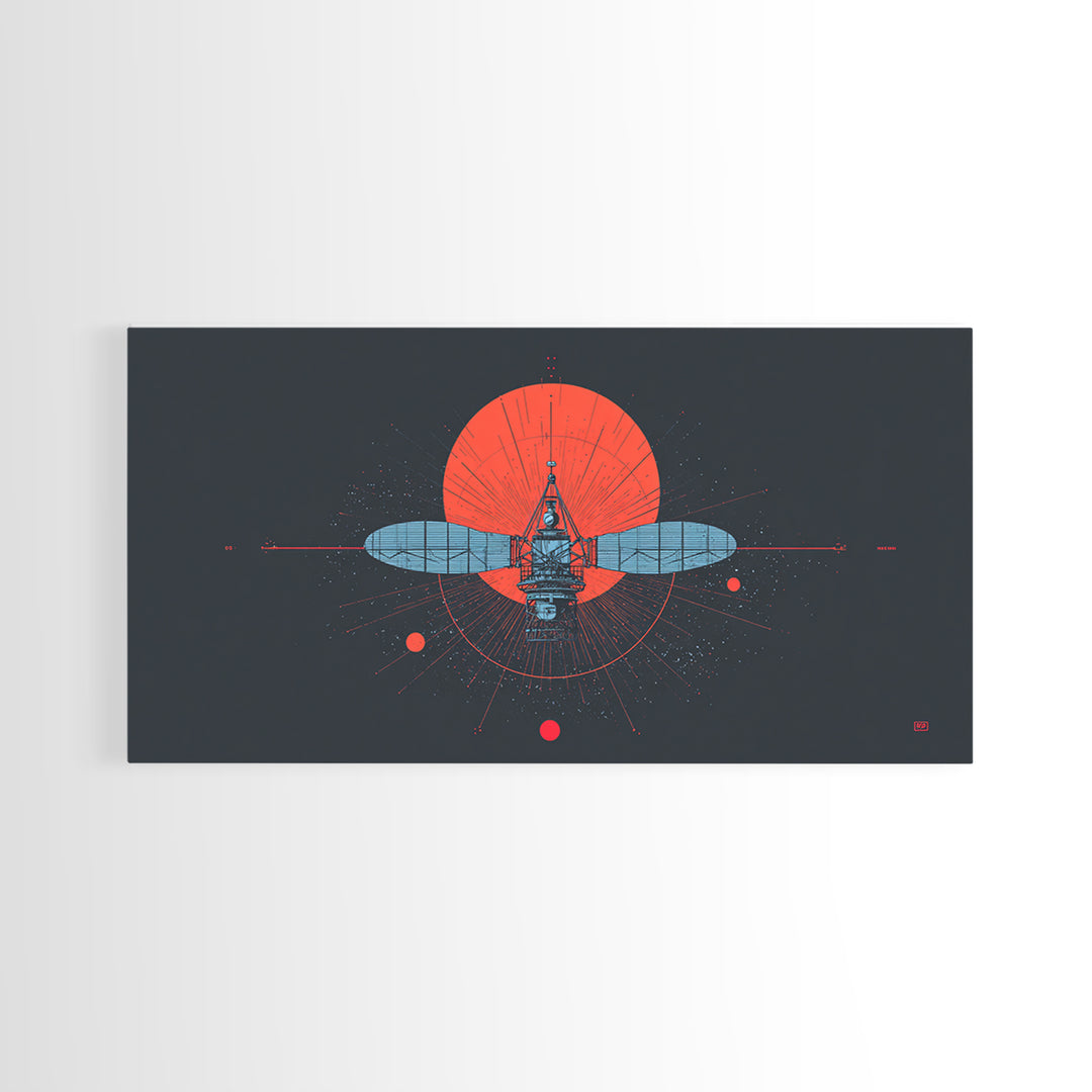 Blueprint Satellite In Crimson Sun Framed Canvas Print, Midcentury Modern Art, Retro Space Wall Decor, Modern Office Poster Gift