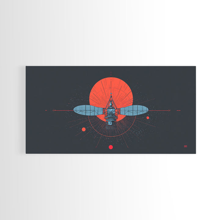 Blueprint Satellite In Crimson Sun Framed Canvas Print, Midcentury Modern Art, Retro Space Wall Decor, Modern Office Poster Gift