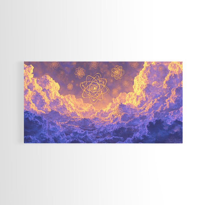 Glowing Atomic Symbols In Purple Clouds Wall Art, Modern Abstract Art Print, Celestial Sky Poster, Colorful Bedroom Decor