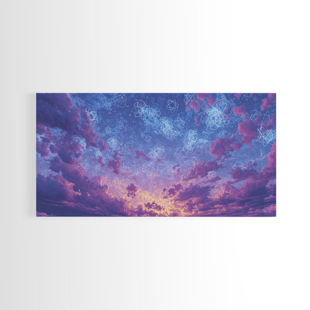 Dreamy Twilight Clouds With Star Diagrams Canvas Print, Modern Wall Art, Blue Purple Celestial Poster, Bedroom Decor Gift