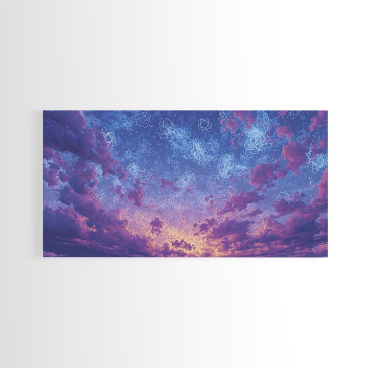 Dreamy Twilight Clouds With Star Diagrams Canvas Print, Modern Wall Art, Blue Purple Celestial Poster, Bedroom Decor Gift