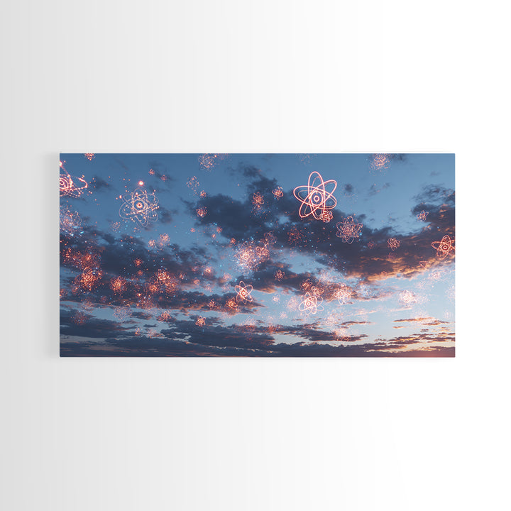 Sparkling Atomic Fireworks Over Dusk Clouds Wall Art, Modern Abstract Art Print, Cosmic Sky Poster, Blue Pink Bedroom Decor