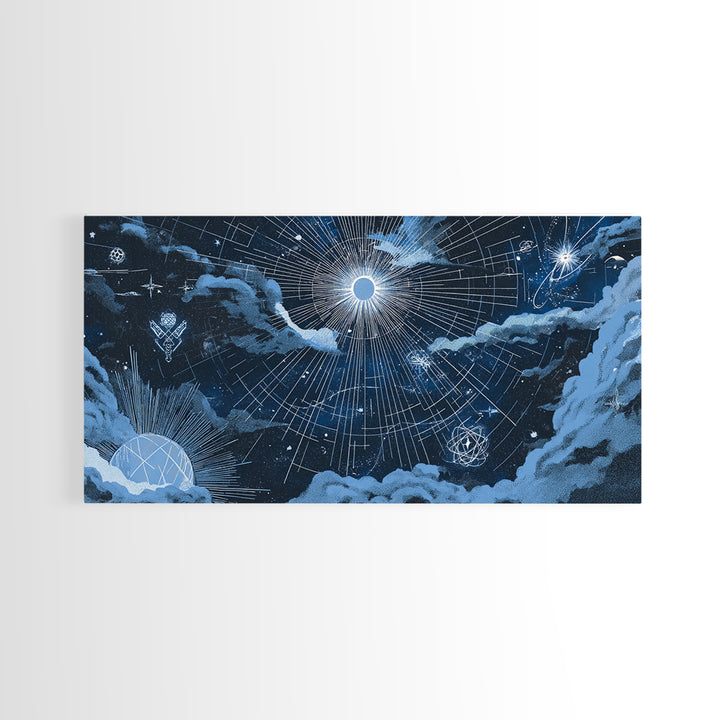 Blue Celestial Grid With Moonlit Clouds Canvas Print, Modern Wall Art, Sci Fi Space Poster, Navy Home Office Decor Gift Print