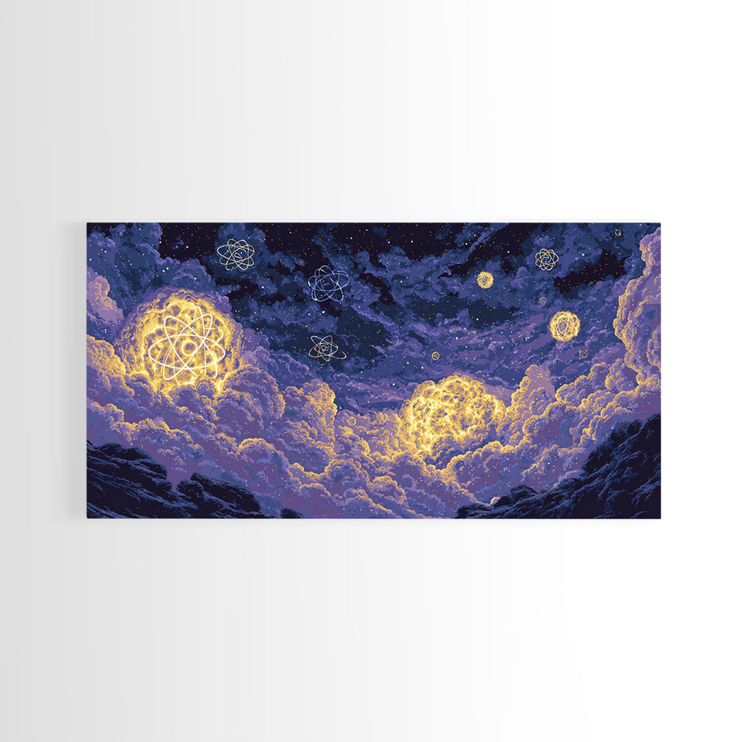 Glowing Atom Clouds In Pixel Night Sky Canvas Print, Modern Abstract Wall Art, Retro Space Poster, Purple Bedroom Decor Gift