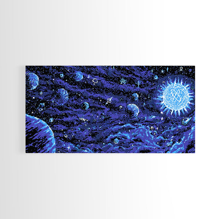 Pixel Space Landscape With Blue Planets Wall Art, Retro Sci Fi Poster, Modern Digital Art Print, Cosmic Game Room Decor Gift