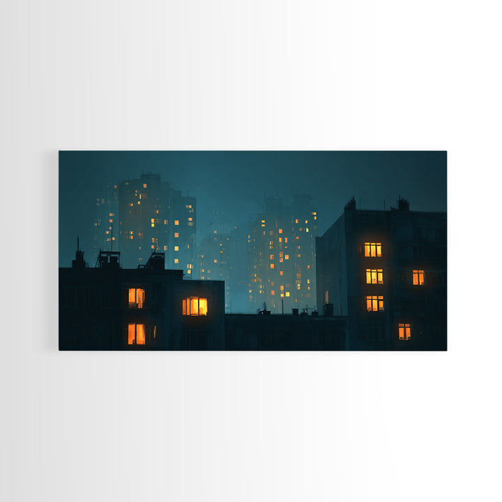 Foggy Teal Apartment Windows Canvas Print, Moody City Nightscape, Modern Wall Art, Urban Bedroom Decor, Home Office Art