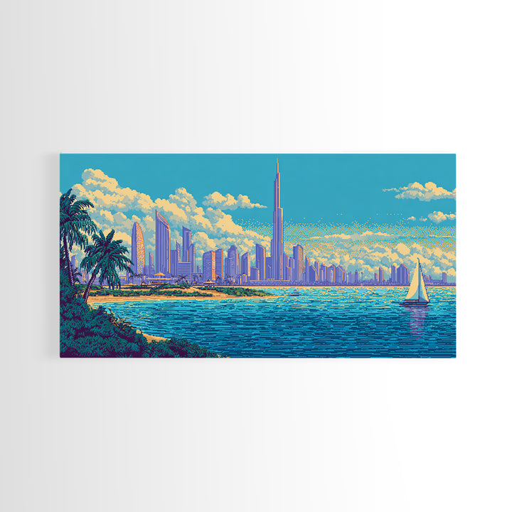 Futuristic Coastal Skyline With Palm Trees Canvas Print, Modern Wall Art, Retro Travel Poster, Tropical Living Room Decor