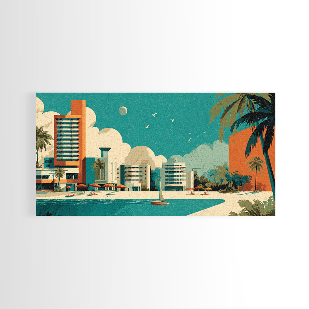 Retro Beachfront Resort With Palms Wall Art, Mid Century Modern Coastal Travel Poster, MCM Decor, Turquoise Lagoon Print