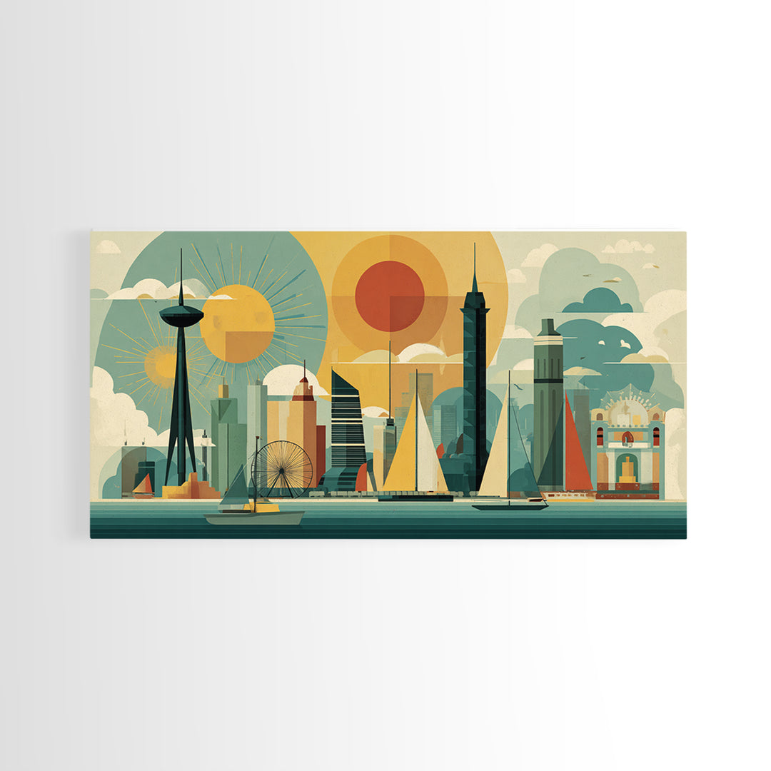 Geometric Seattle Skyline With Space Needle Canvas Print, Mid Century Modern Cityscape Wall Decor, Retro Travel Poster Art