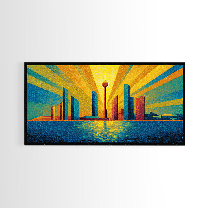 Bold Seattle Skyline Sunrise Wall Art, Mid Century Modern Abstract Cityscape, Space Needle Poster, Retro Geometric Decor