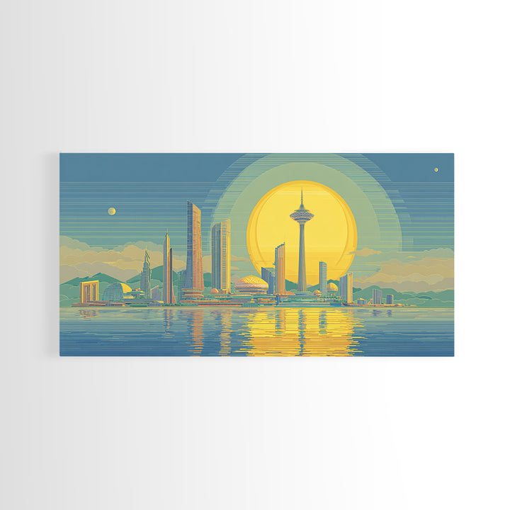 Golden Seattle Skyline At Sunset Framed Canvas Print, Mid Century Modern Wall Art, Futuristic Cityscape Poster, MCM Home Decor