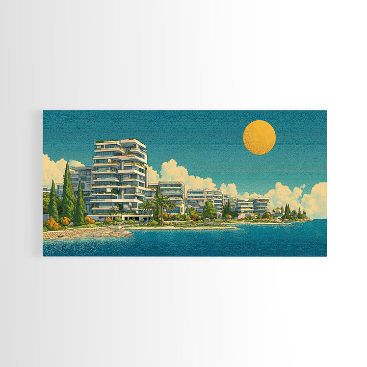 Modern Lakeside Condos With Golden Sun Wall Art, Mid Century Modern Coastal Decor, Mediterranean Lake House Architecture Print