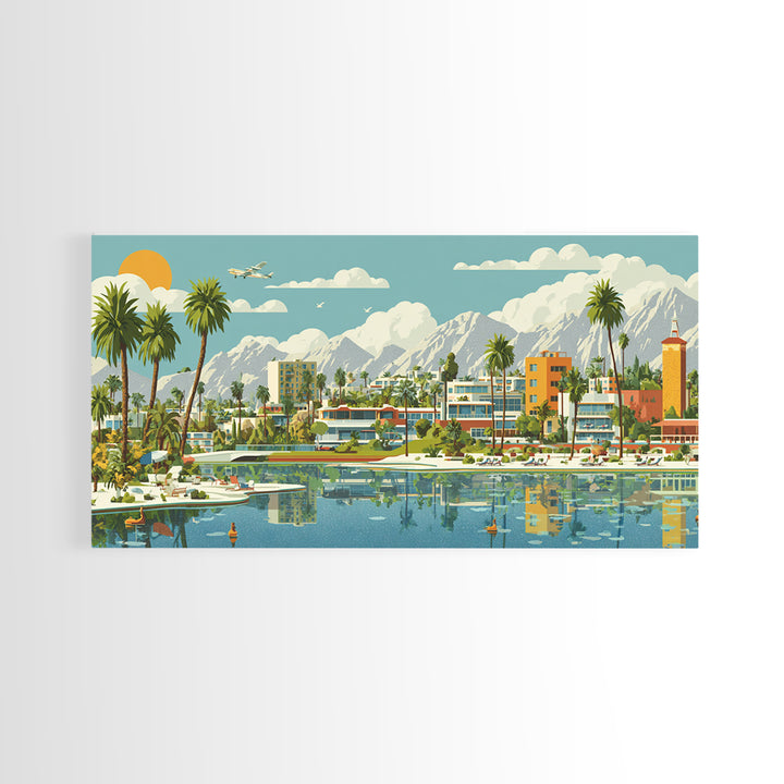 Palm Springs Lagoon With Palms And Mountains Wall Art, Mid Century Modern Desert Travel Poster, Colorful MCM Home Decor Print