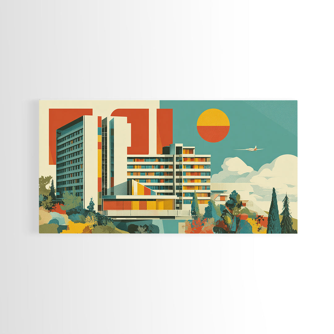 Bauhaus Modernist Hotel Architecture Canvas Print, Mid Century Modern Wall Art, Geometric Orange Sun Poster, MCM Decor Print