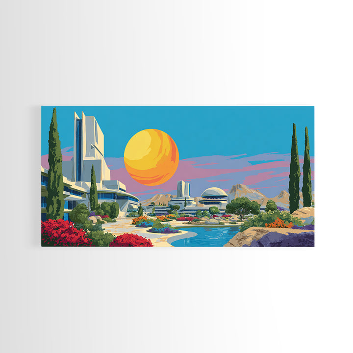 Futuristic Desert Resort With Pool And Giant Sun Wall Art, Mid Century Modern Landscape Poster, Retro Sci Fi Architecture Decor