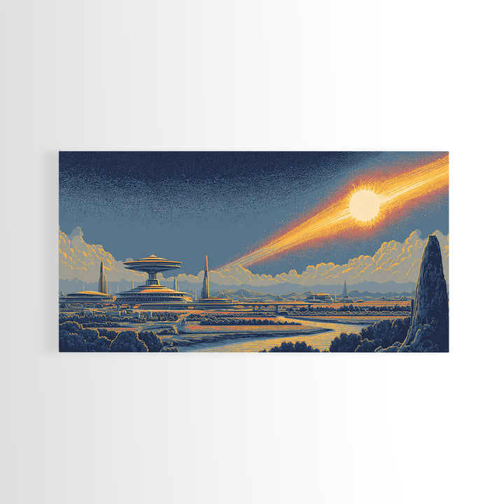 Retro Futuristic City With Meteor And Spaceport Canvas Print, Mid Century Modern Sci Fi Wall Art, Cosmic Skyline Poster Decor