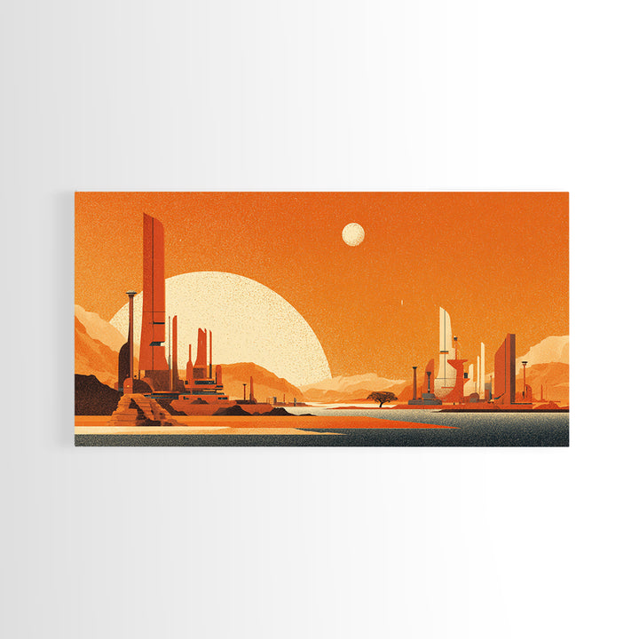 Orange Futuristic Desert City Wall Art, Midcentury Modern Sci Fi Landscape, Retro Space Poster, MCM Living Room Decor, Orange Art Print
