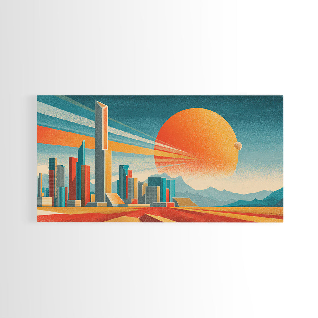 Teal Orange Futuristic Skyline Canvas Print, Midcentury Modern Cityscape, Retro Space Poster, Modern Wall Decor, Large MCM Art