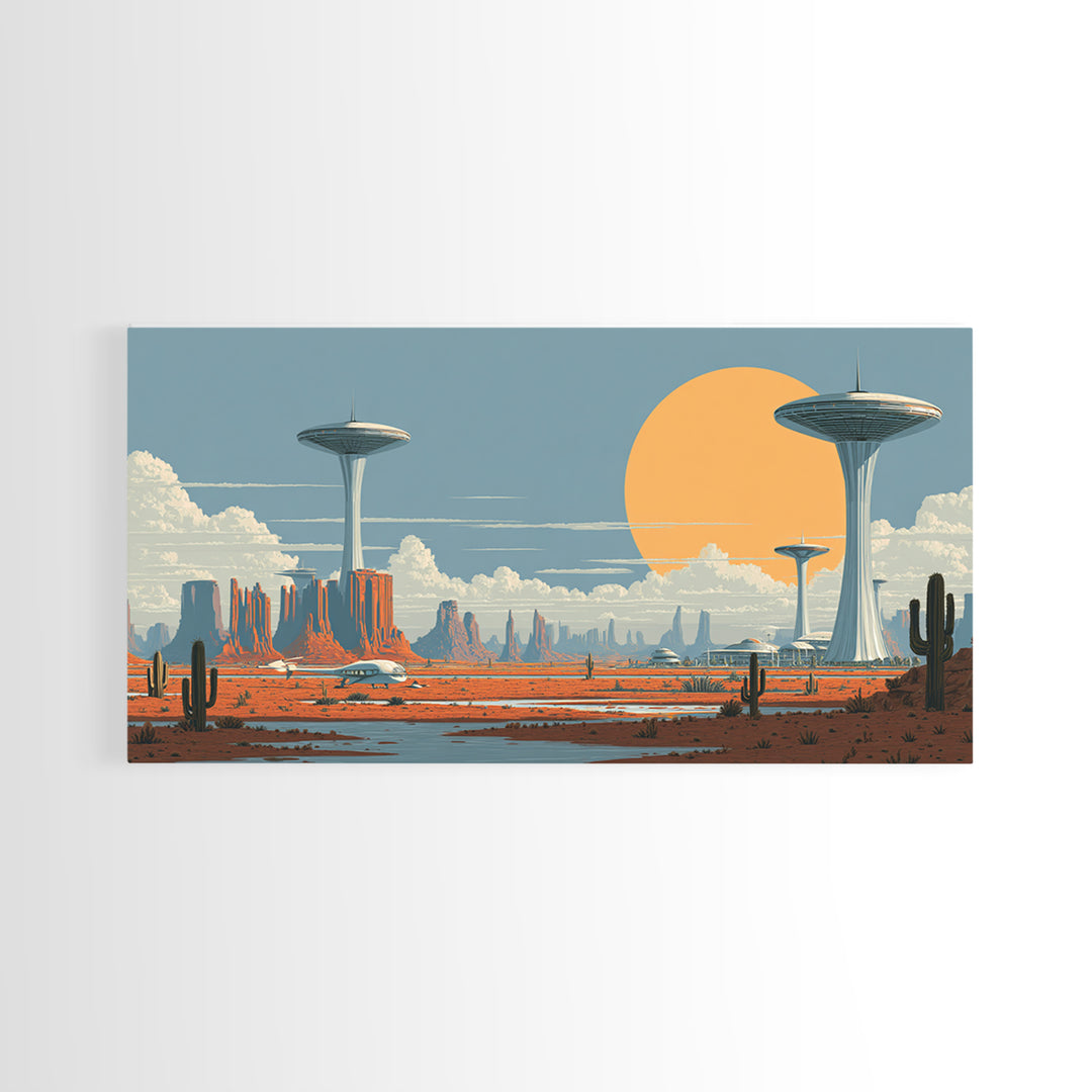 Alien Desert UFO Towers Framed Canvas Print, Midcentury Modern Sci Fi Landscape, Retro Wall Art, Cactus Decor, MCM Poster