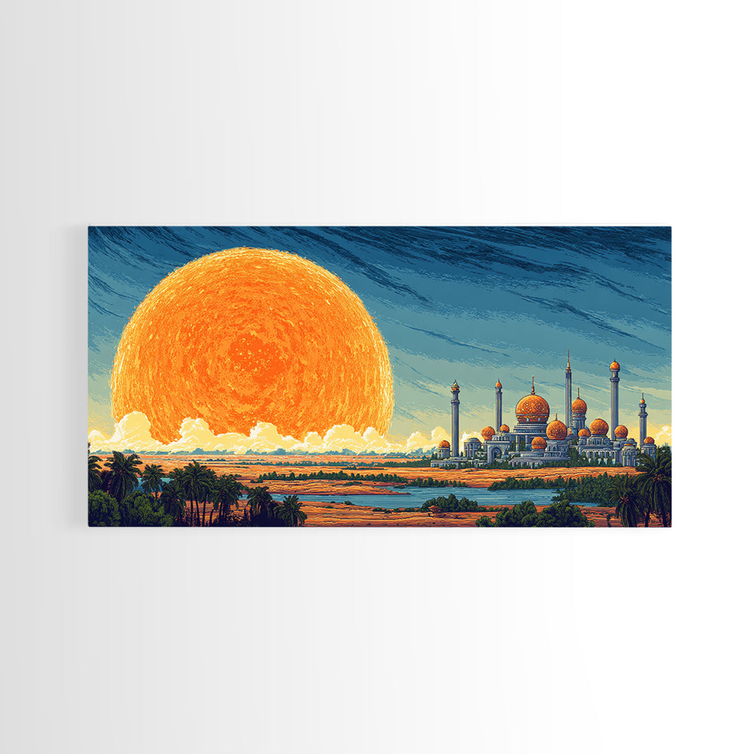 Giant Sun Desert Palace Wall Art, Midcentury Modern Landscape, Islamic Architecture Poster, Orange Blue Living Room Decor