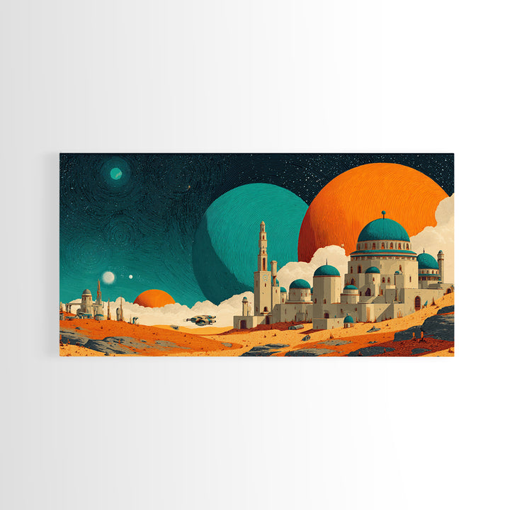 Teal Planet Desert Dome City Canvas Print, Midcentury Modern Sci Fi Wall Art, Retro Space Poster, Orange MCM Home Decor Art