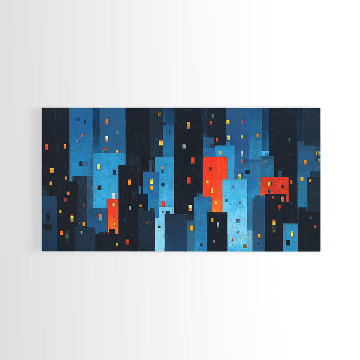 Red And Blue Abstract City Canvas Print, Blocky Urban Skyline, Midcentury Modern Art, Geometric Wall Decor, Home Office Art Print