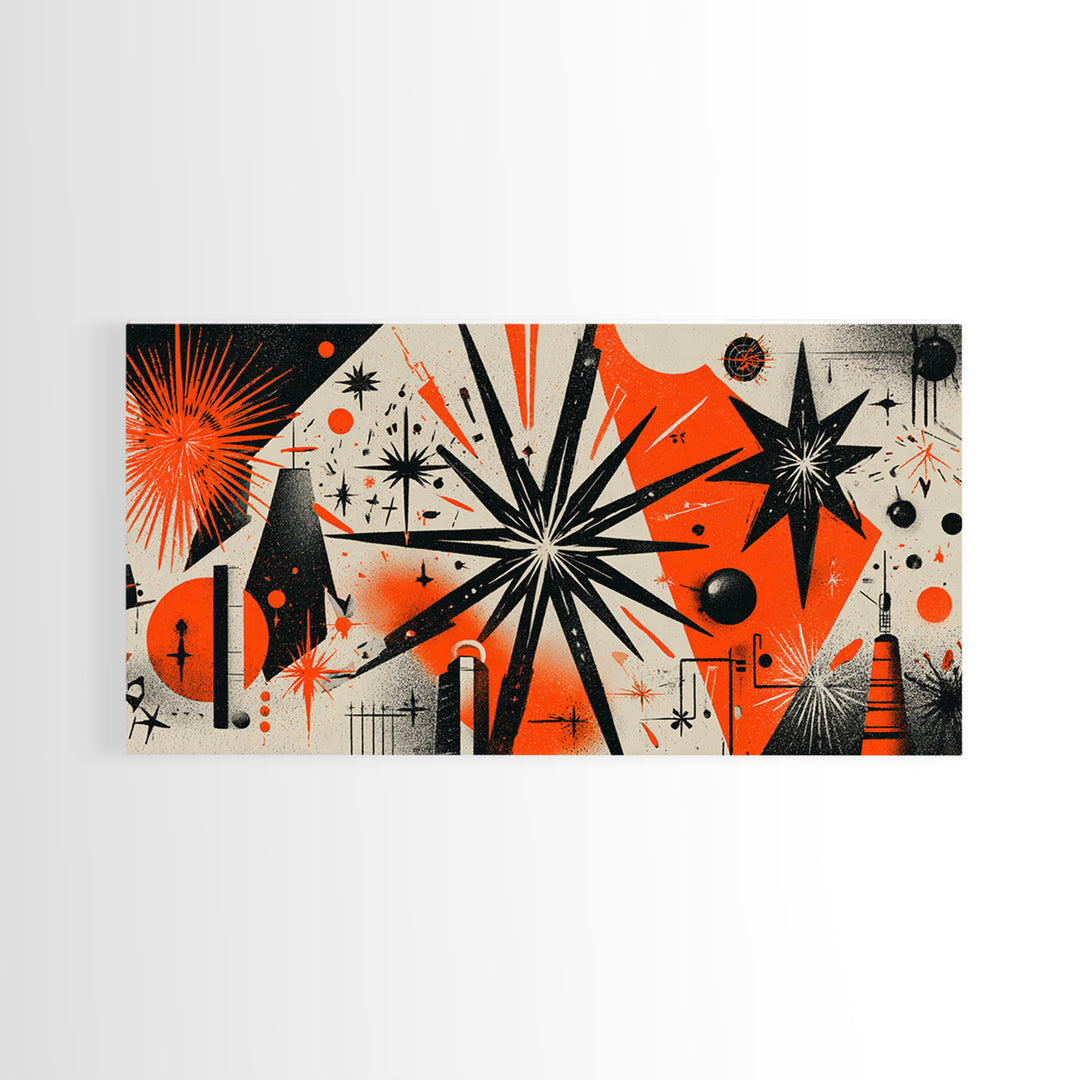 Orange Black Atomic Starburst Wall Art, Midcentury Modern Abstract, Retro 50s Space Age Poster, MCM Geometric Wall Decor