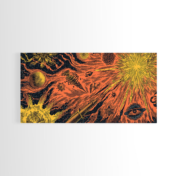 Orange Cosmic Rocket And Eye Canvas Print, Midcentury Modern Space Art, Retro Sci Fi Poster, Atomic MCM Wall Decor, Groovy Home Decor
