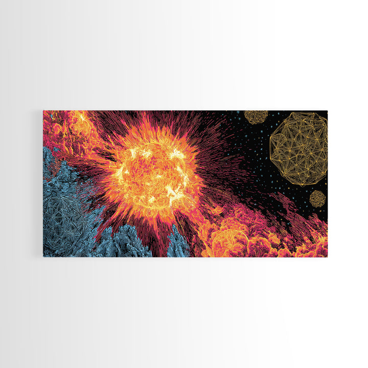 Fiery Solar Flare Sun And Asteroids Canvas Print, Modern Abstract Art, Retro Space Poster, Cosmic Wall Decor, Sci Fi Gift