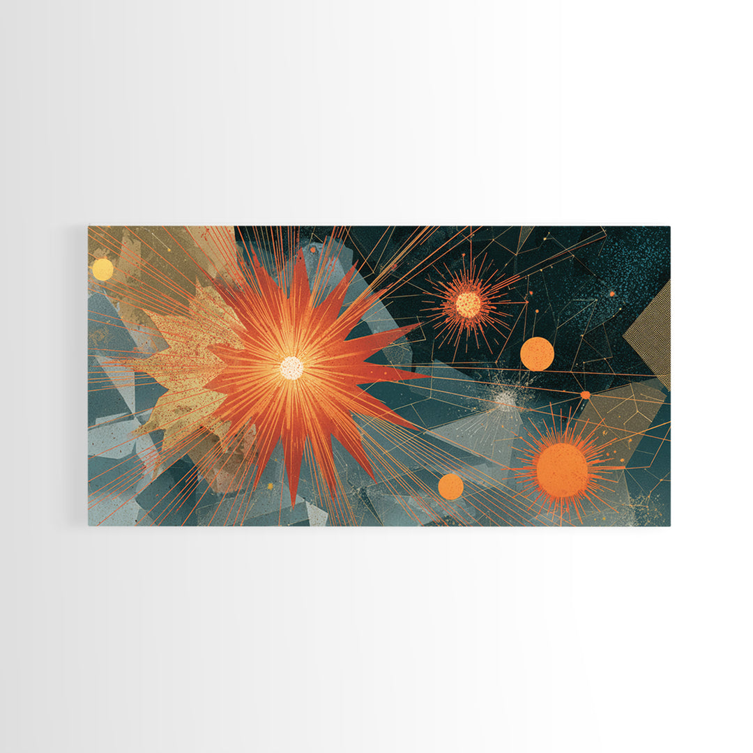 Orange Teal Geometric Starburst Framed Canvas Print, Midcentury Modern Abstract Art, Retro MCM Wall Decor, Home Office Decor