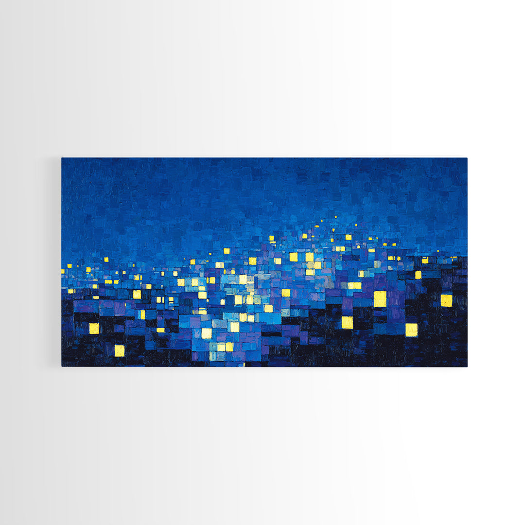 Pixelated Blue City Lights Wall Art, Abstract Night Skyline, Modern Art Print, MCM Wall Decor, Living Room Statement Decor