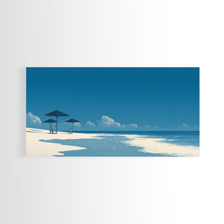 Minimal Blue Beach Wall Art, Serene Ocean Umbrella Landscape Print, Coastal Modern Poster, Summer Decor For Bedroom And Office