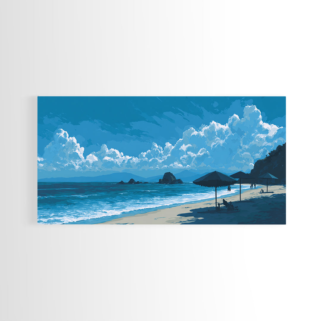 Blue Coastal Cloudscape Canvas Print, Ocean Beach Umbrella Scene, Modern Landscape Wall Art, Tropical Decor For Living Room