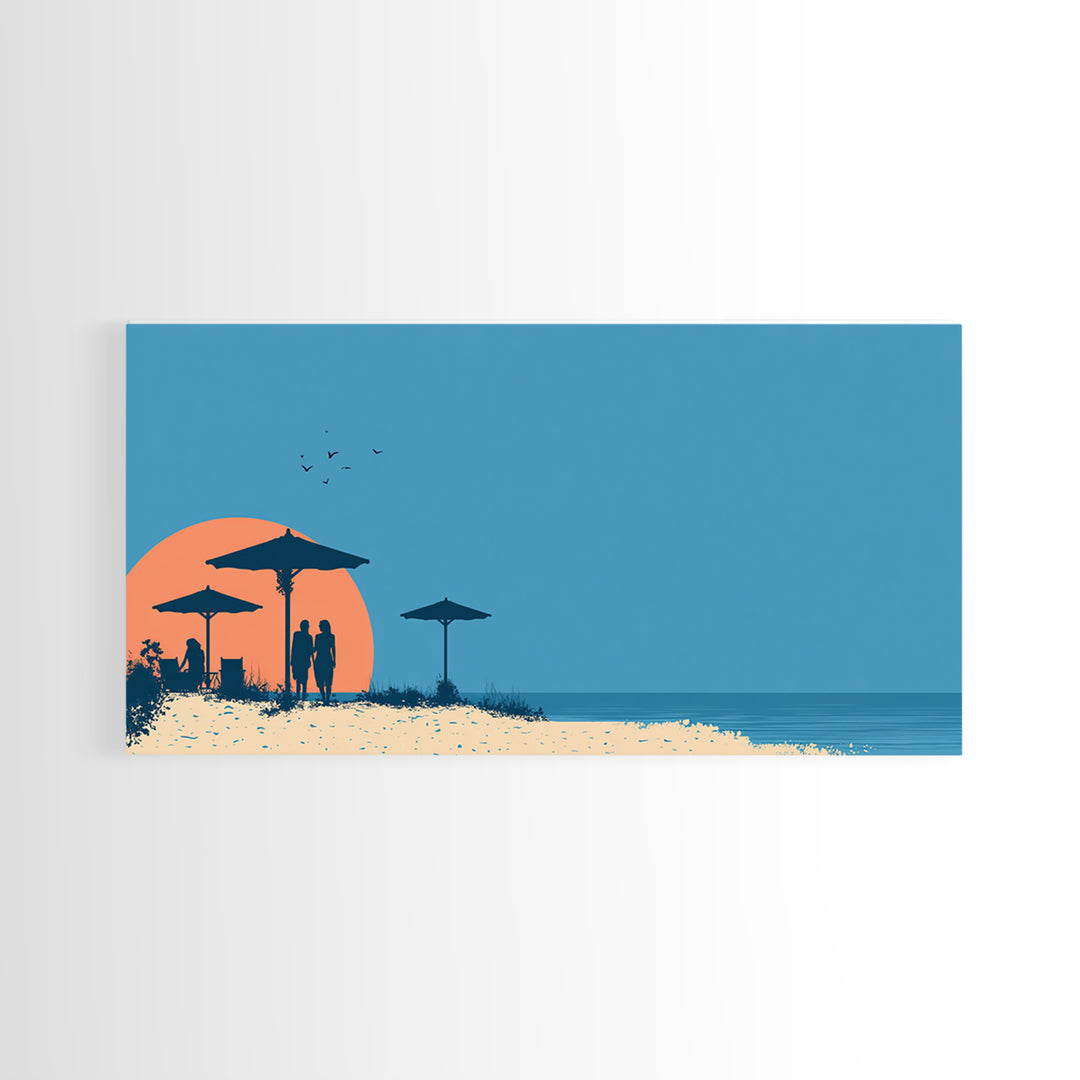 Orange Sunset Beach Wall Art, Silhouette Umbrellas And Couple Print, Retro Coastal Poster, Modern Tropical Decor For Bedroom