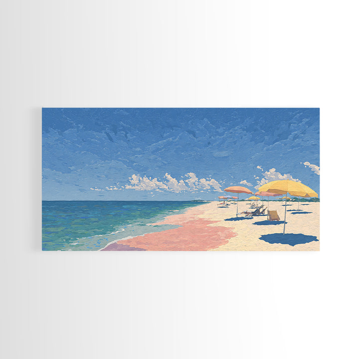 Pastel Ocean Beach Canvas Print, Pink Sand Umbrella Landscape, Coastal Modern Wall Art, Soft Summer Decor For Bedroom And Office