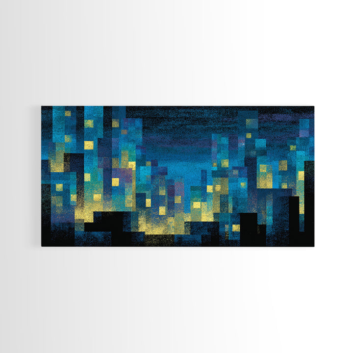 Teal Pixel City Skyline Canvas Print, Glowing Urban Nightscape, Modern Abstract Art, Blue Wall Decor, Home Office Art Print
