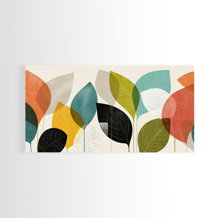 Abstract Overlapping Leaves In Teal Orange Yellow Wall Art, Midcentury Modern Botanical Print, Retro Living Room Decor Gift