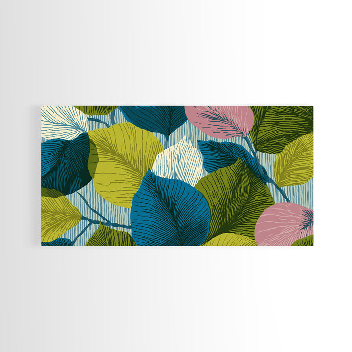 Layered Ginkgo Leaves In Blue Green Pink Canvas Print, Midcentury Modern Botanical Wall Decor, Colorful Living Room Art Print