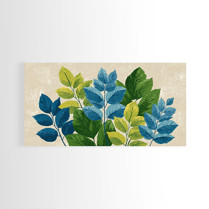 Blue Green Botanical Branches With Textured Leaves Wall Art, Midcentury Modern Nature Print, Calm Bedroom Office Decor Gift