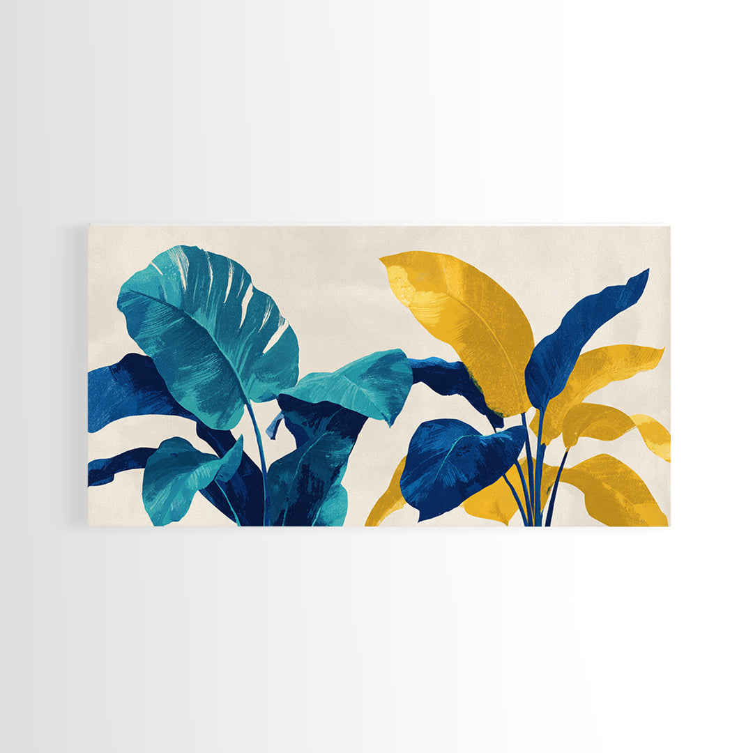 Bold Tropical Leaves In Teal Blue Mustard Canvas Print, Midcentury Modern Botanical Wall Art, Colorful Home Office Decor