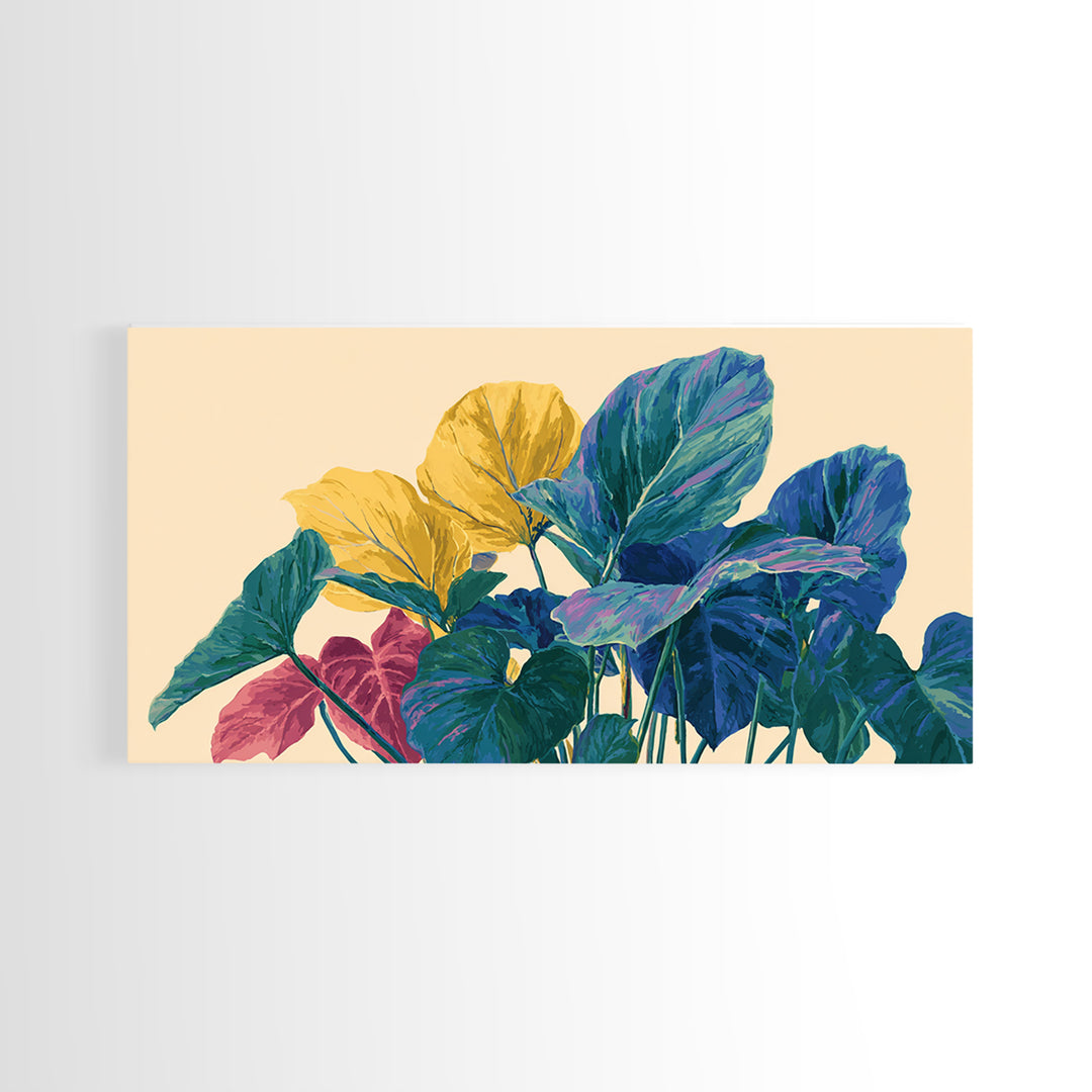 Vibrant Tropical Foliage In Yellow Teal Pink Wall Art, Midcentury Modern Botanical Print, Colorful Boho Living Room Decor