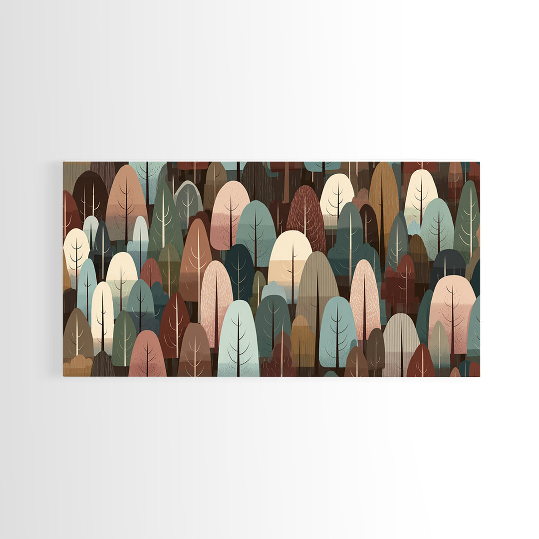Muted Abstract Forest Of Rounded Trees Framed Canvas Print, Midcentury Modern Wall Art, Earth Tone Woodland Living Room Decor
