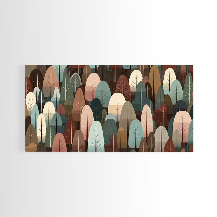 Muted Abstract Forest Of Rounded Trees Framed Canvas Print, Midcentury Modern Wall Art, Earth Tone Woodland Living Room Decor