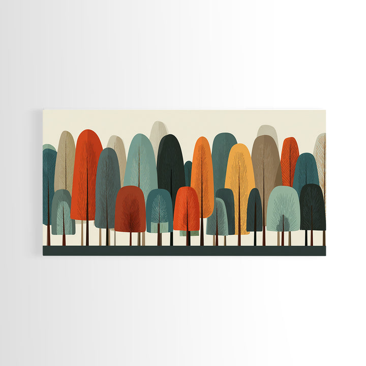 Minimal Rounded Tree Grove In Orange Teal Mustard Wall Art, Midcentury Modern Forest Print, Retro Nursery Or Office Decor