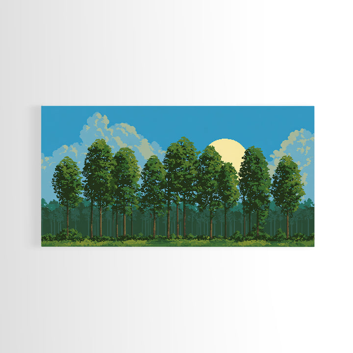 Sunlit Green Forest Landscape With Moonrise Canvas Print, Nature Wall Art, Retro Scenic Living Room And Cabin Decor Gift