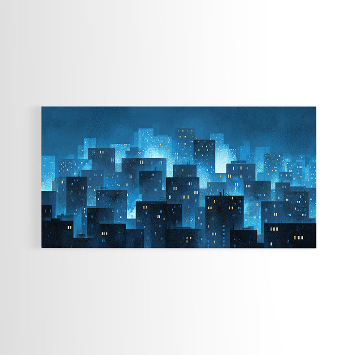 Misty Blue Urban Skyline Framed Canvas Print, Snowy City Lights, Modern Wall Art, Large Abstract Decor, Office Wall Art Print