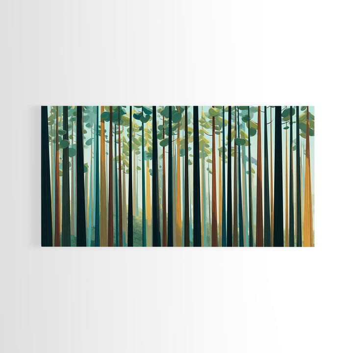 Tall Pine Forest With Sunbeams In Teal Gold Wall Art, Modern Nature Landscape Print, Scandinavian Cabin And Office Decor